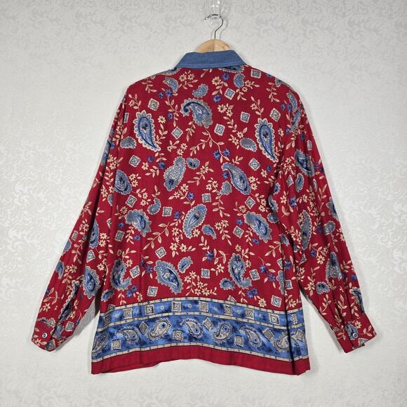 VTG Capacity Top Shirt Shacket M Red Blue Paisley Floral Mixed Denim Collar - Picture 9 of 16